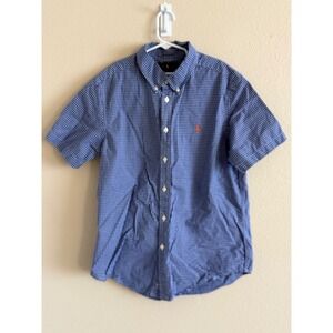 Ralph Lauren Boys Blue Gingham Button-Down Shirt with Red Polo Logo